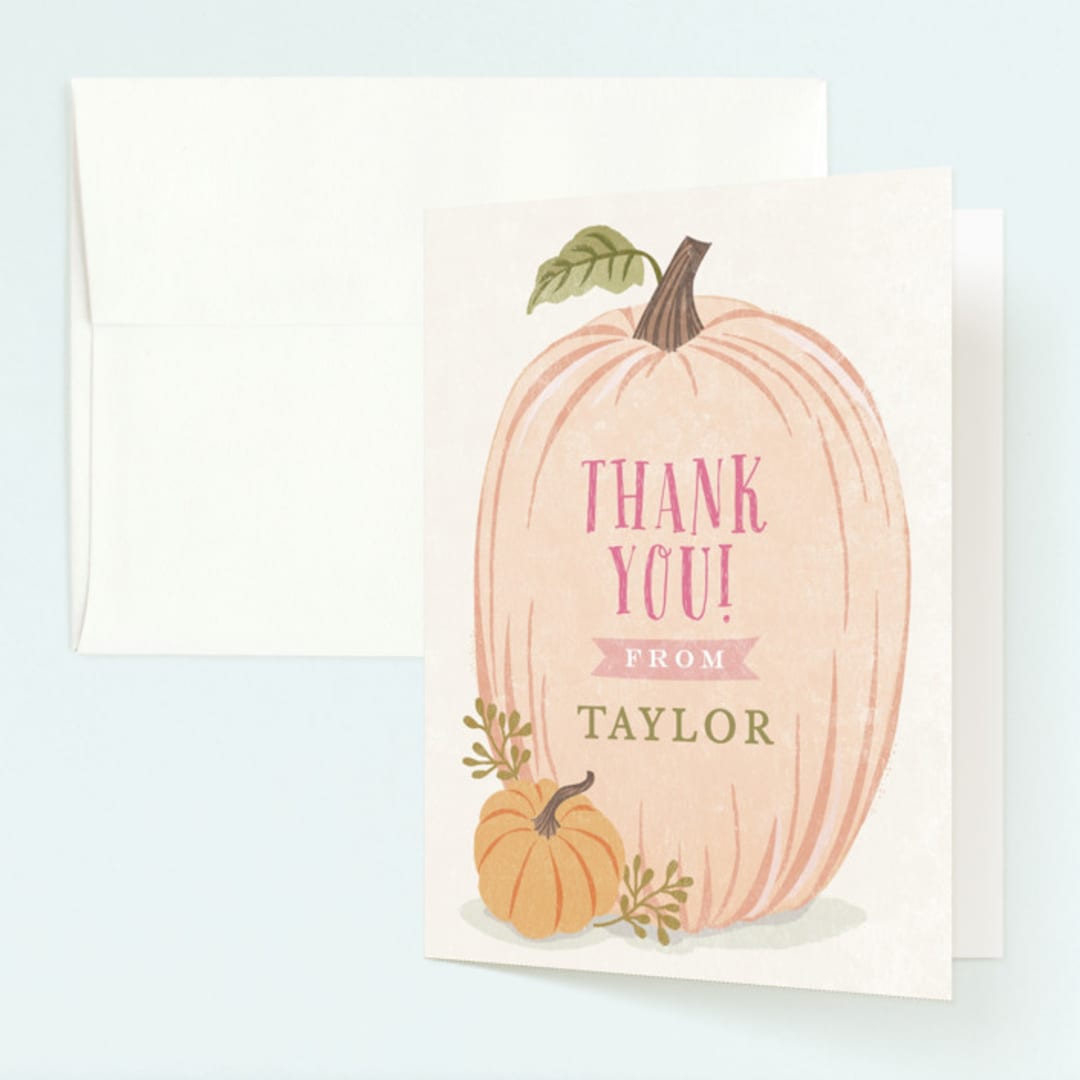 "Autumn Pumpkin" - Children's Birthday Party Thank You Cards in Peach by Karidy Walker - Front