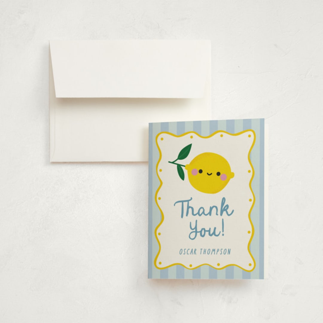 "Lemons" - Children's Birthday Party Thank You Cards in Blueberry by Jennifer Lew - Front