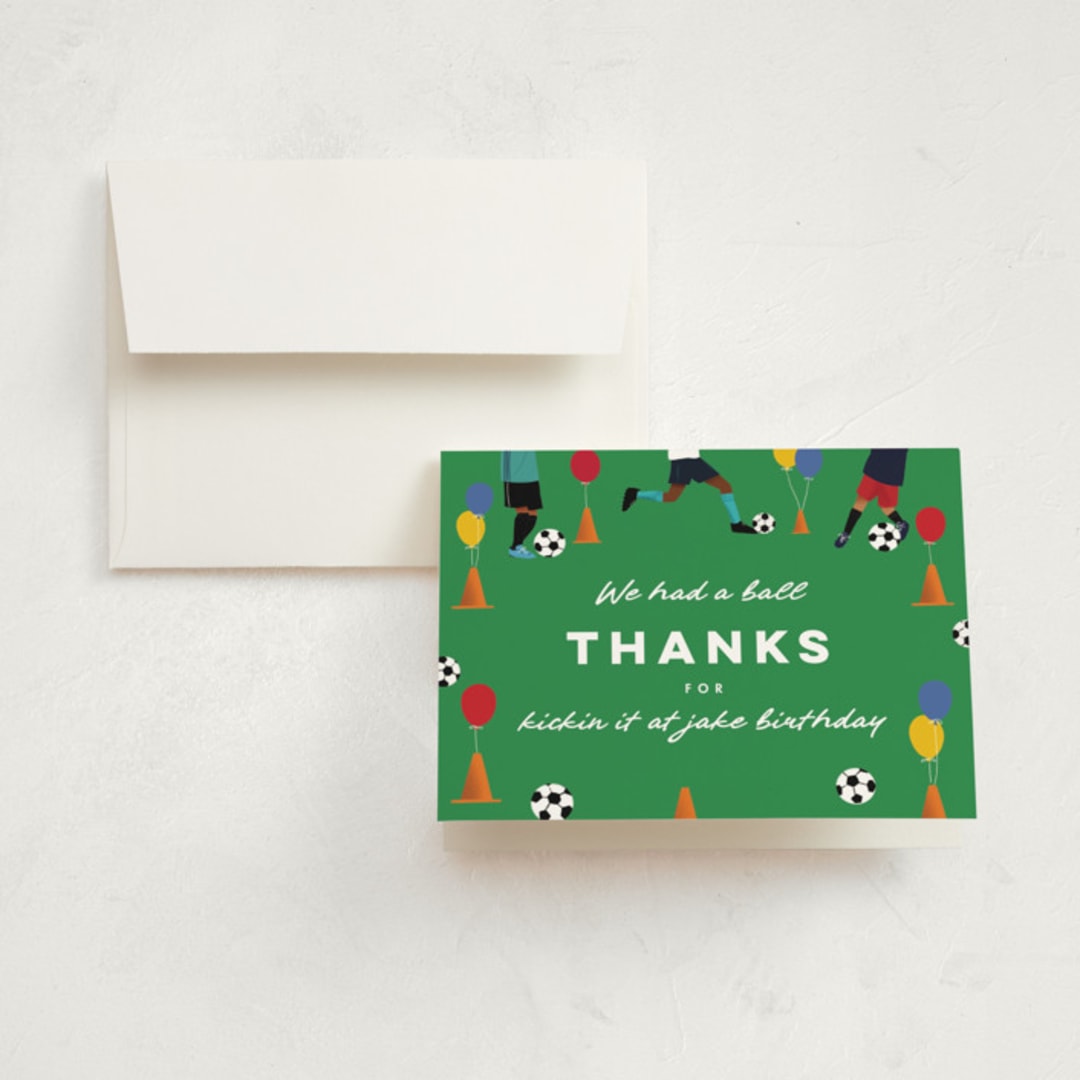 "Kick It Soccer Ball" - Children's Birthday Party Thank You Cards in Grass by Becky Nimoy - Front