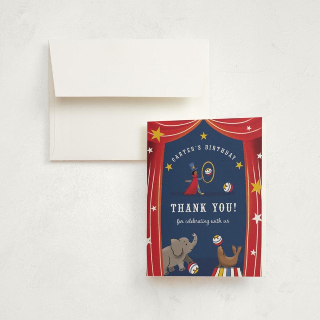 "Circus" - Children's Birthday Party Thank You Cards in Scarlet by Becky Nimoy - Front