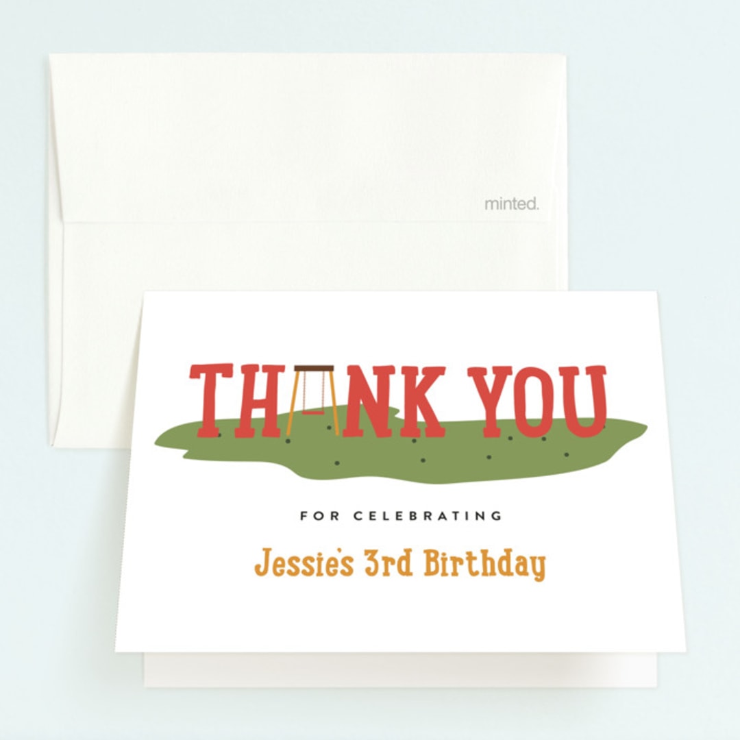 "At The Playground" - Children's Birthday Party Thank You Cards in Ketchup by Erica Krystek - Front