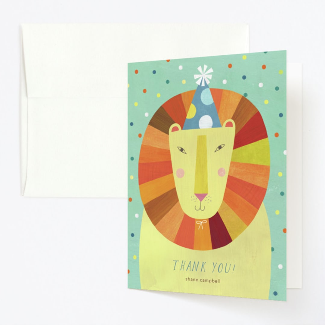 "Party Lion" - Children's Birthday Party Thank You Cards in Mint by melanie mikecz - Front
