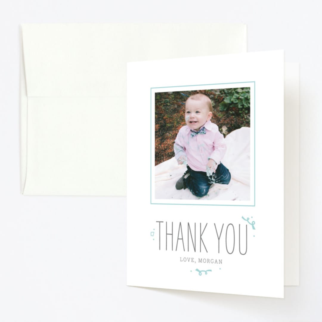 "Celebration Stack" - Children's Birthday Party Thank You Cards in Sky by Sarah Brown - Front