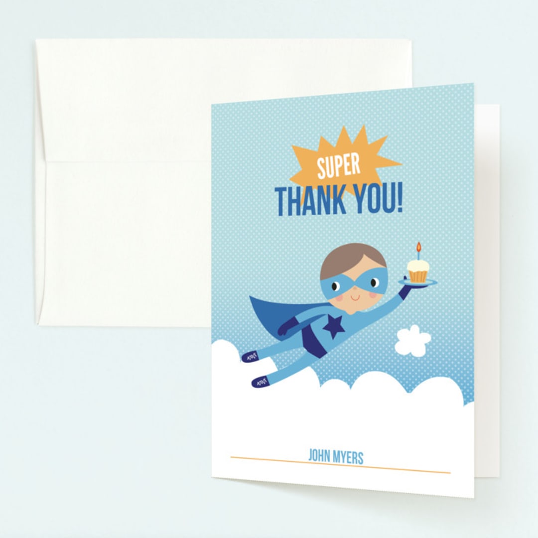 "Super Birthday Boy" - Children's Birthday Party Thank You Cards in Royal Blue by Tara Lilly Studio - Front