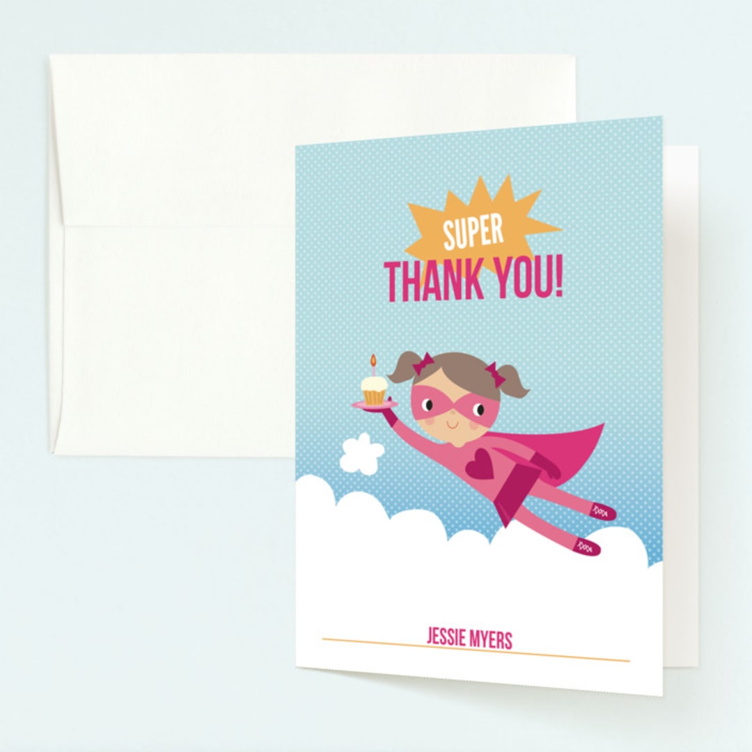 "Super Birthday Girl" - Children's Birthday Party Thank You Cards in Magenta by Tara Lilly Studio - Front