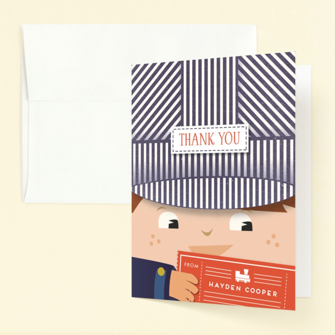"Little Train Engineer" - Children's Birthday Party Thank You Cards in Navy by Tanya Lee of Frooted Design - Front