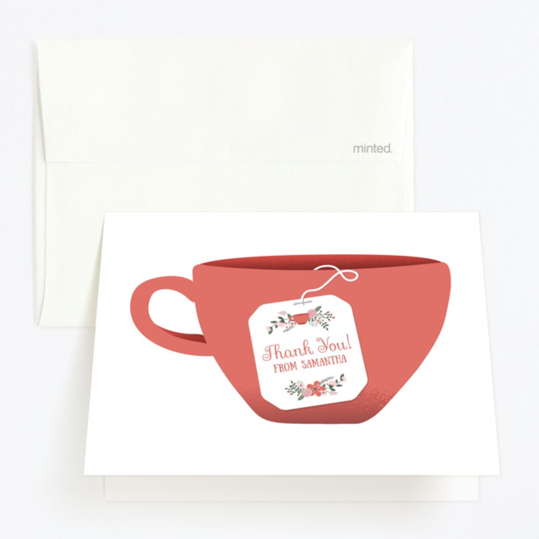 "Modern Tea Party" - Children's Birthday Party Thank You Cards in Coral by Kristin Mastoras - Front