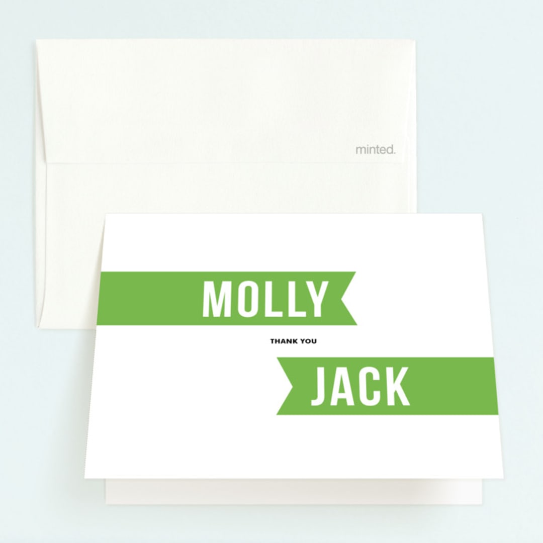 "Twin Voice" - Children's Birthday Party Thank You Cards in Kelly Green by Sara Hicks Malone - Front