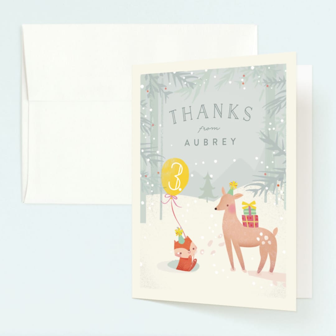 "Winter" - Children's Birthday Party Thank You Cards in Lemon by Lori Wemple - Front