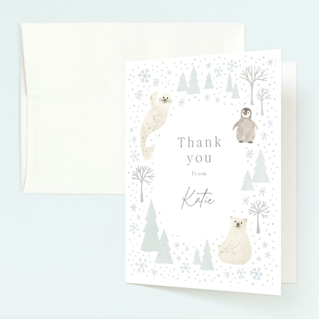 "Arctic friends" - Children's Birthday Party Thank You Cards in Seafoam by Jennifer Wick - Front