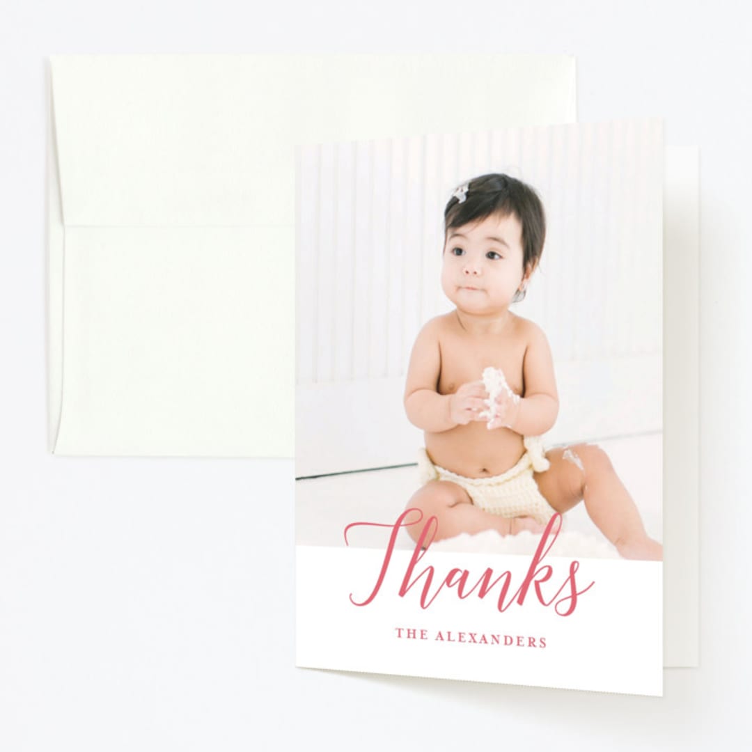 "Big Script" - Children's Birthday Party Thank You Cards in Blush by Genna Blackburn - Front