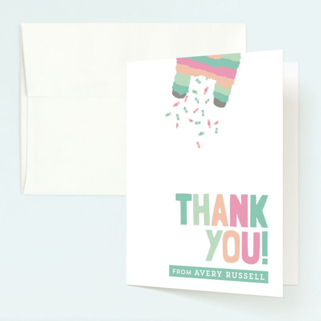 "Pinata" - Children's Birthday Party Thank You Cards in Seafoam by Keen Peachy - Front
