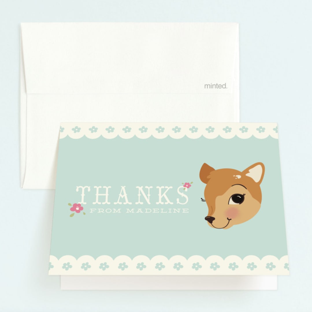 "Fancy Fawn" - Children's Birthday Party Thank You Cards in Strawberry by Melissa Egan of Pistols - Front