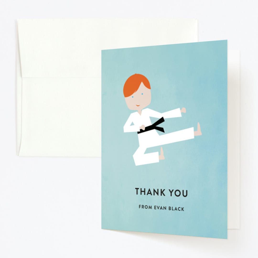 "Karate Kid" - Children's Birthday Party Thank You Cards in Sky by Up Up Creative - Front