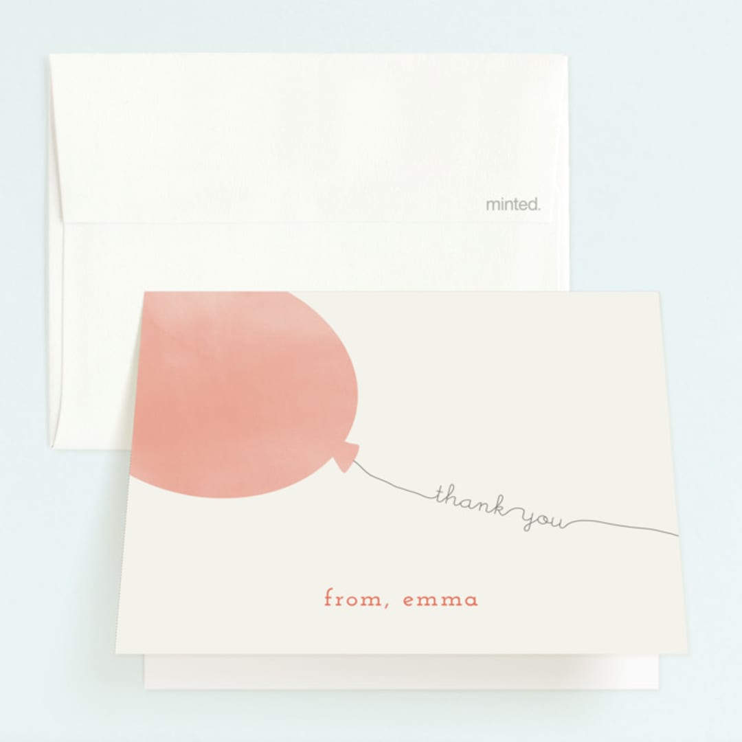 "Simple Balloon" - Children's Birthday Party Thank You Cards in Coral by Brianne Larsen - Front