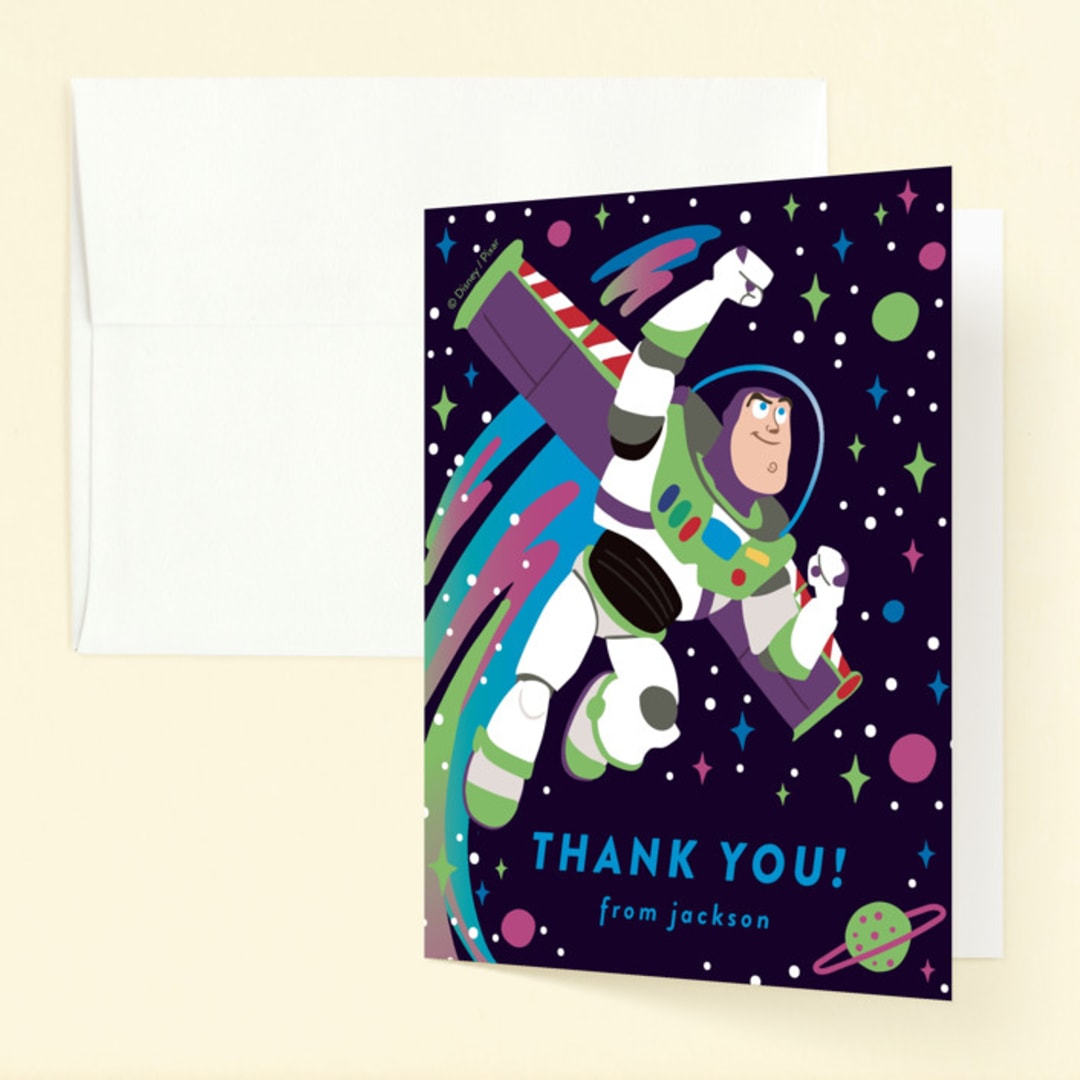 "Disney and Pixar birthday Buzz" - Children's Birthday Party Thank You Cards in Night Sky by Katie Zimpel - Front