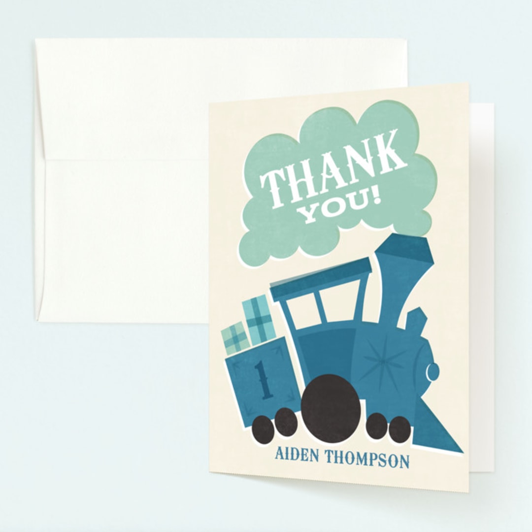 "Terrific Train" - Children's Birthday Party Thank You Cards in Denim by Jessie Steury - Front