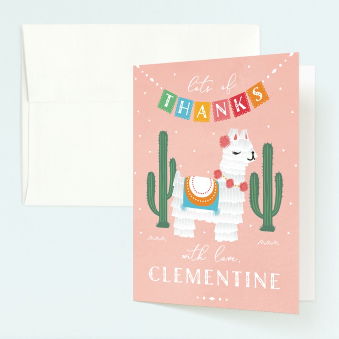 "Llama Piñata" - Children's Birthday Party Thank You Cards in Strawberry by Jennifer Lew - Front