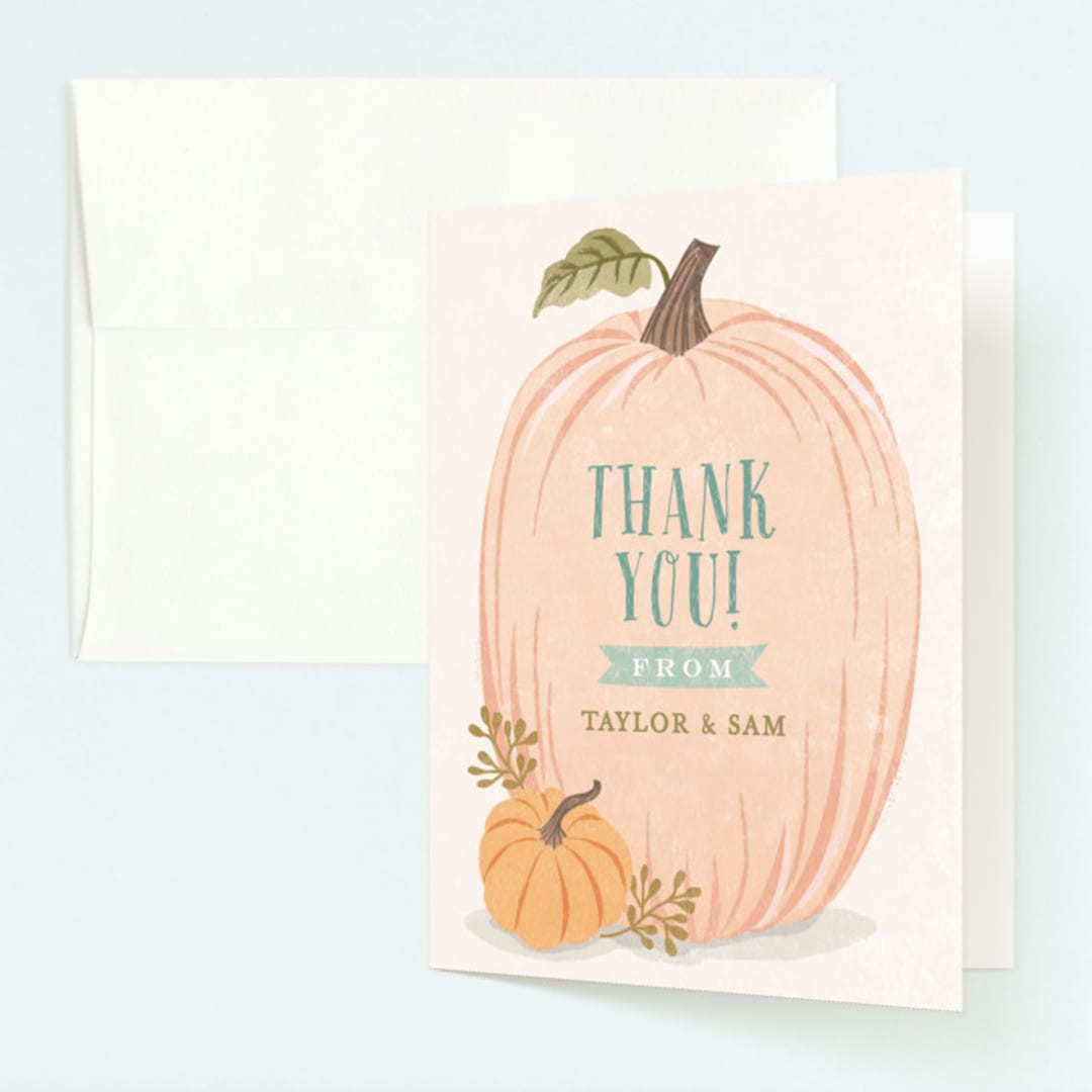 "Autumn Pumpkin" - Children's Birthday Party Thank You Cards in Leaf by Karidy Walker - Front