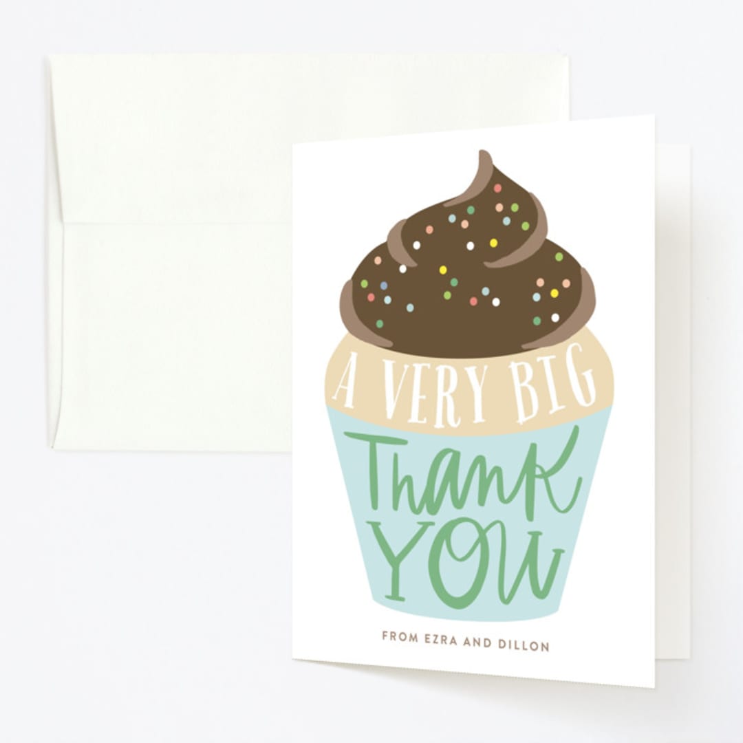 "Cupcake Topper" - Children's Birthday Party Thank You Cards in Turquoise by Alethea and Ruth - Front