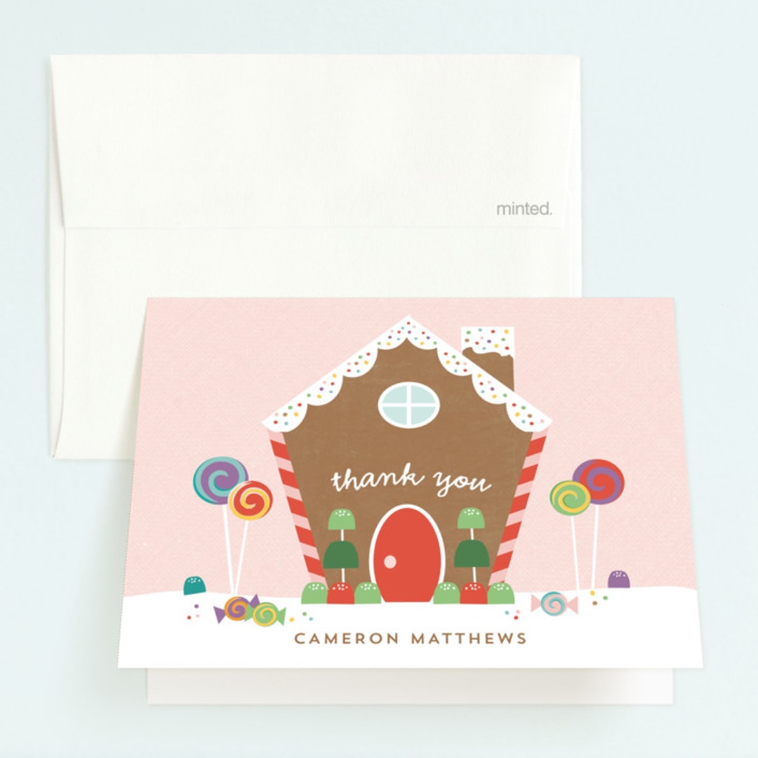 "Gingerbread House" - Children's Birthday Party Thank You Cards in Gumdrop by Annie Holmquist - Front