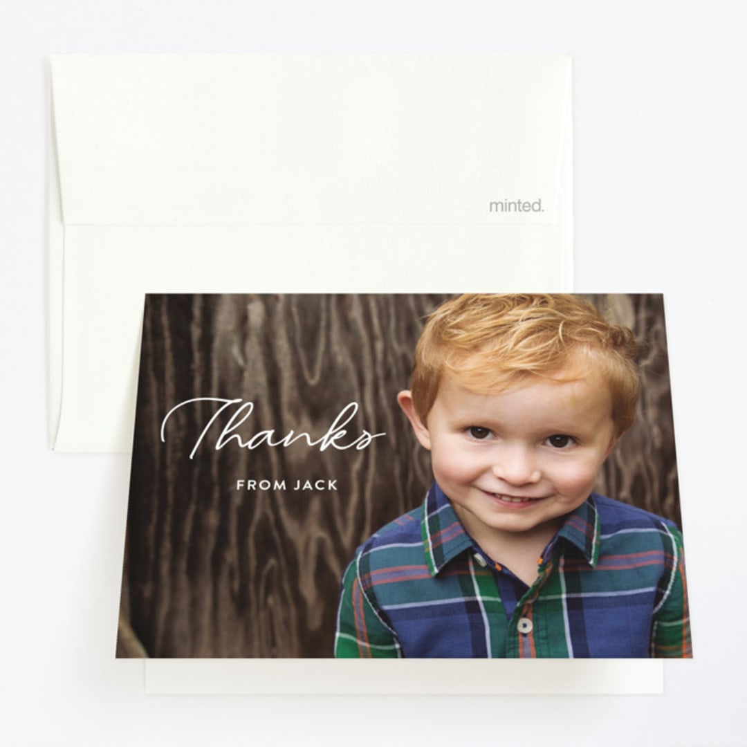 "Birthday Script" - Children's Birthday Party Thank You Cards in Snow by Kasia Labocki - Front