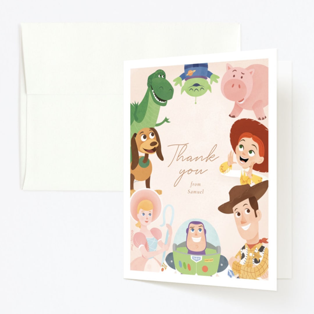 "Disney's and Pixar Toy Story Friends" - Children's Birthday Party Thank You Cards in Taupe by Sabrin Deirani - Front