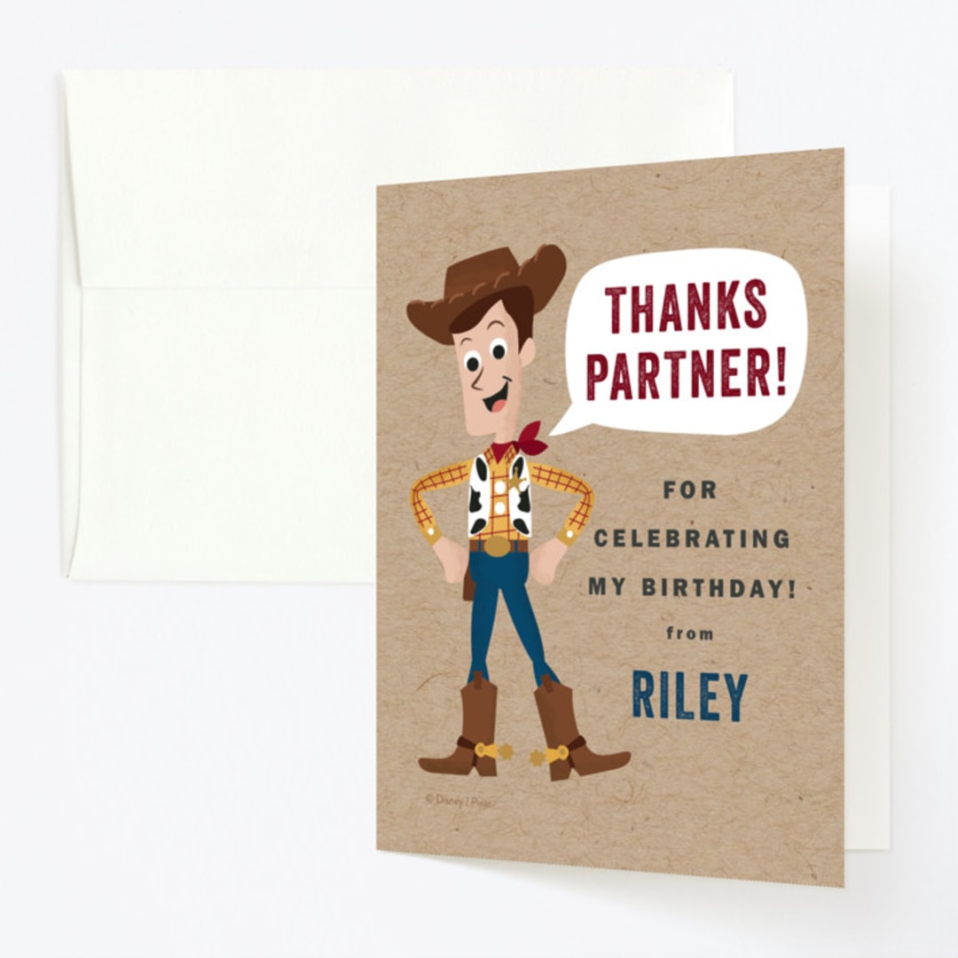 "Disney and Pixar's Howdy Woody" - Children's Birthday Party Thank You Cards in Rustic by Oma N. Ramkhelawan - Front