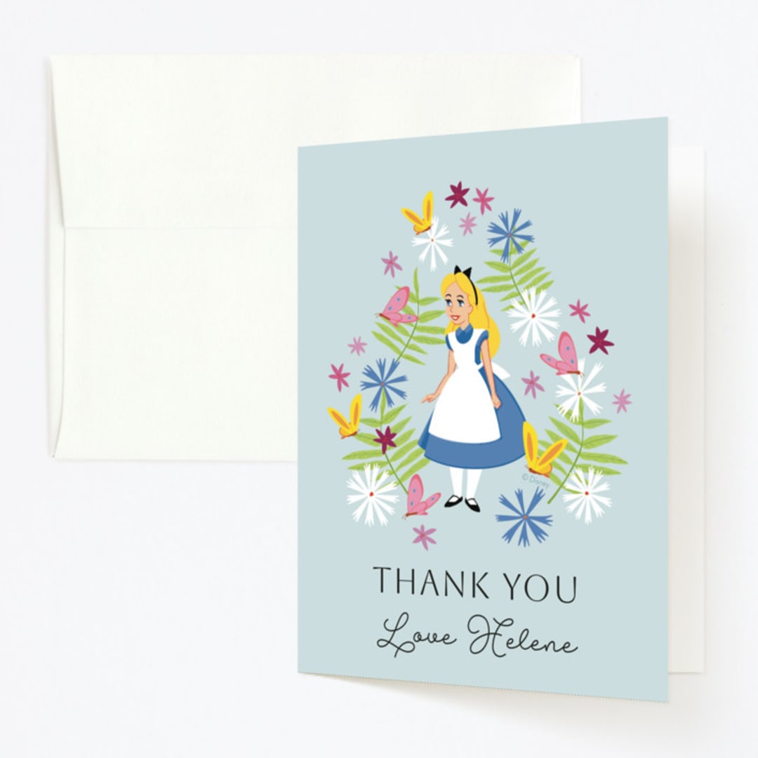 "Disney's Alice in Wonderland in the Flower Garden" - Children's Birthday Party Thank You Cards in Aqua by Becky Nimoy - Front
