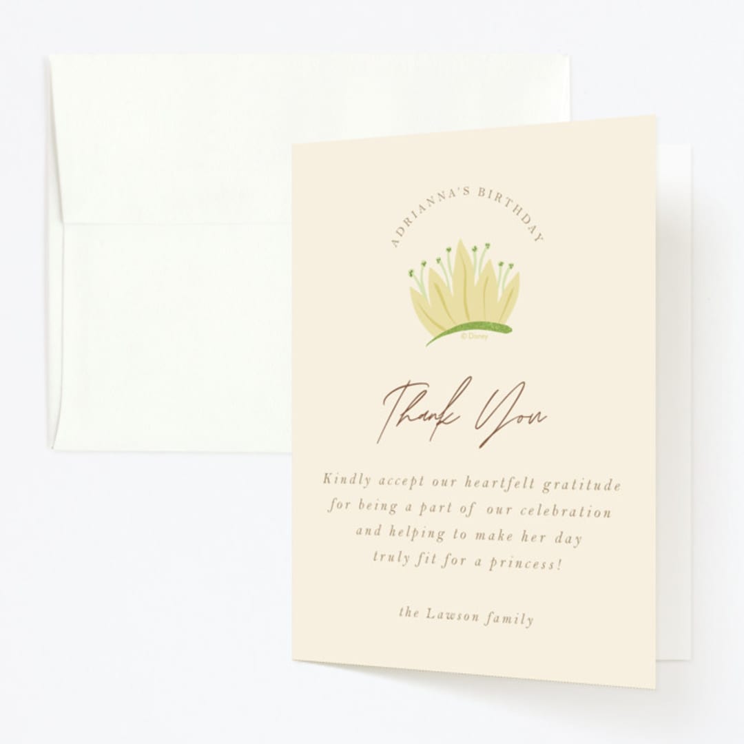 "Disney Princess Tiana's Dress" - Children's Birthday Party Thank You Cards in Southern Cream by Kate Ross - Front