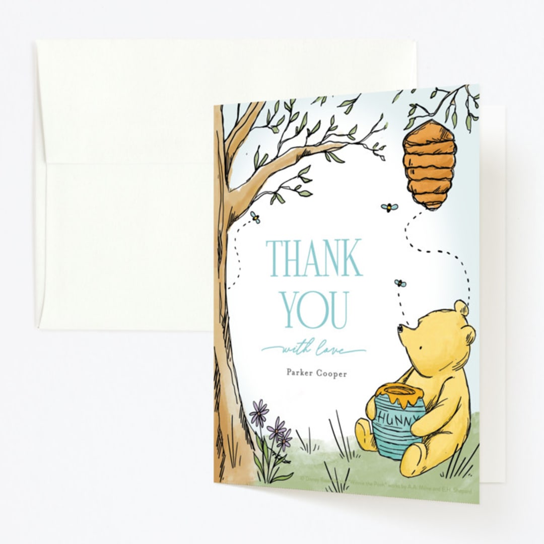 "Disney's Pooh Forest Scene" - Children's Birthday Party Thank You Cards in Sky by Pixel and Hank - Front