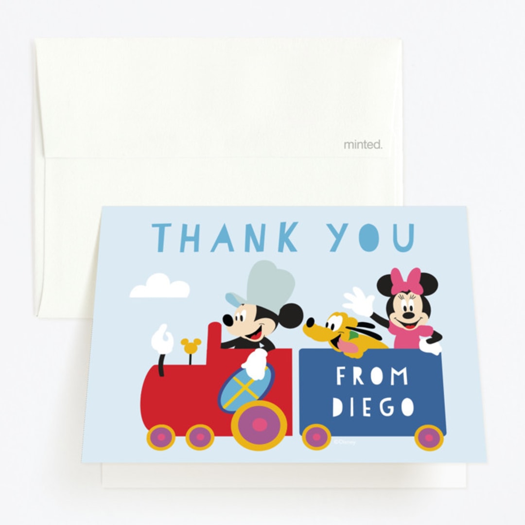 "Disney Mickey & Friends Birthday Train" - Children's Birthday Party Thank You Cards in Sky by Madhvi Samimi - Front