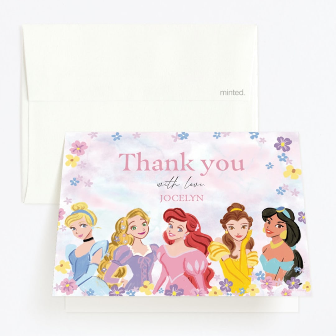 "Disney's Princess Portrait" - Children's Birthday Party Thank You Cards in Cotton Candy by Cass Loh - Front