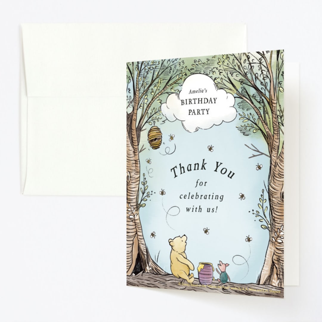 "Disney's Winnie the Pooh in the Wood" - Children's Birthday Party Thank You Cards in Sky by Becky Nimoy - Front