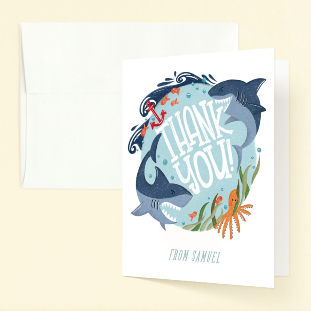 "Ride the Tide" - Children's Birthday Party Thank You Cards in Pool by Joanna Griffin - Front