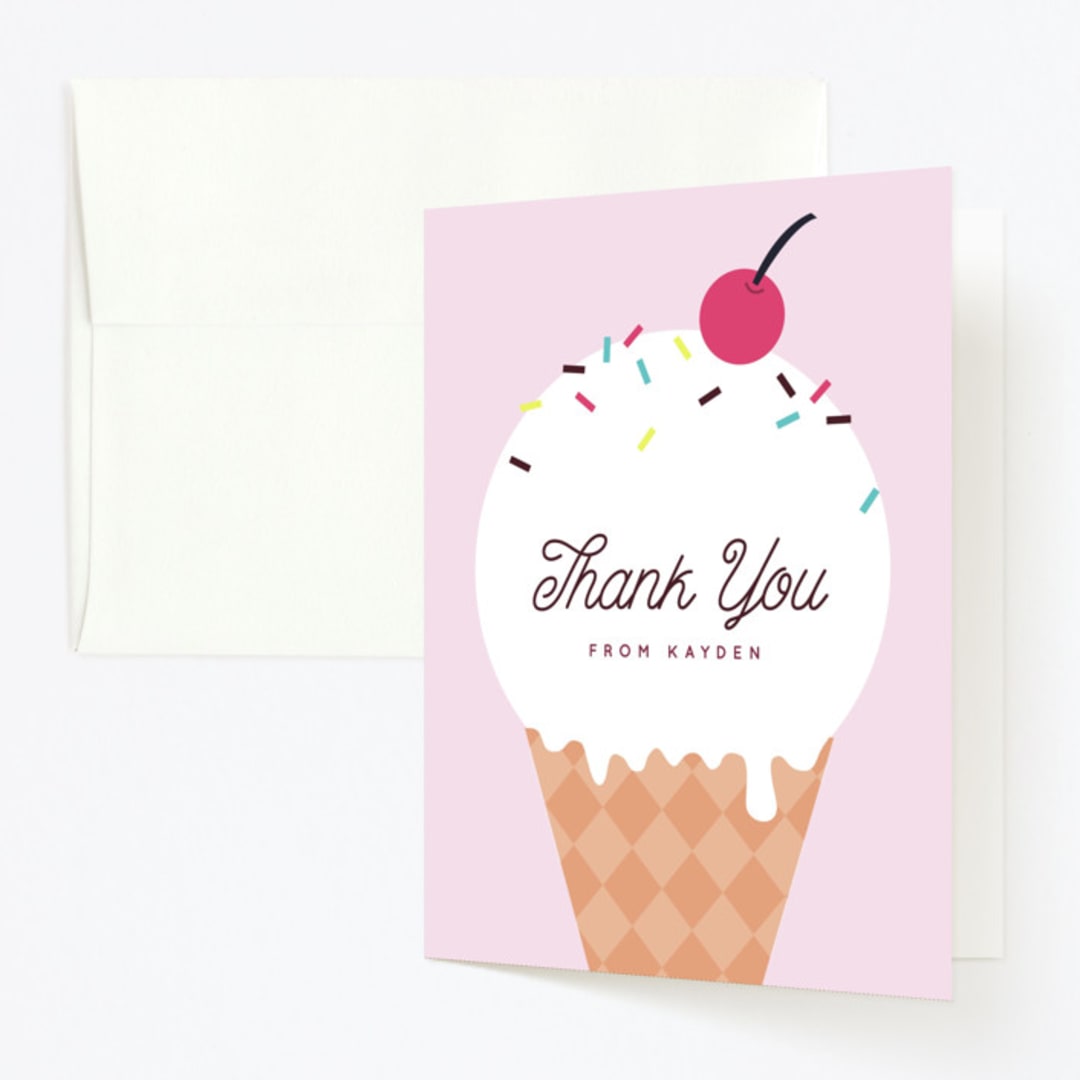 "Banana Split" - Children's Birthday Party Thank You Cards in Strawberry by Katie Zimpel - Front