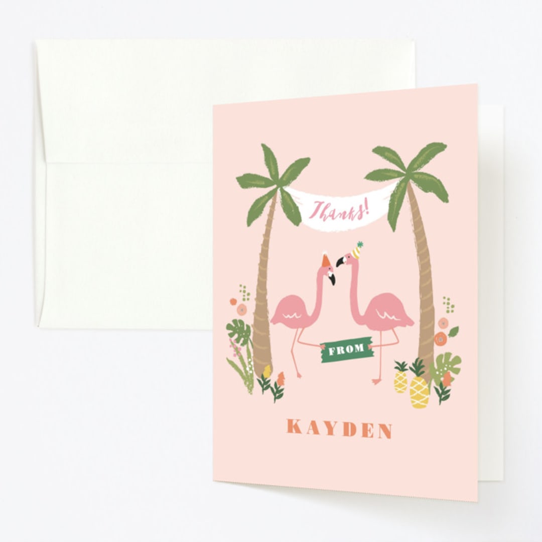 "Let's flamingle!" - Children's Birthday Party Thank You Cards in Cotton Candy by Jennifer Wick - Front