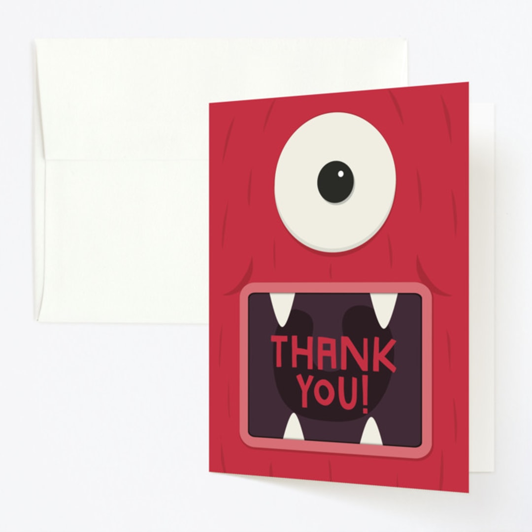 "Monster Party" - Children's Birthday Party Thank You Cards in Scary Scarlet by Lori James - Front