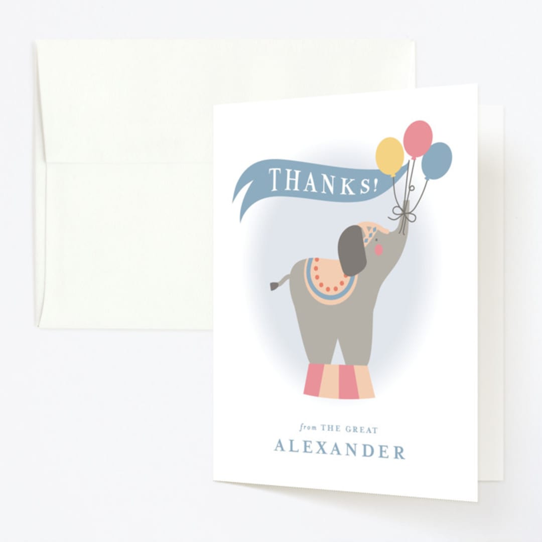 "Step Right Up" - Children's Birthday Party Thank You Cards in Sky by Joanna Griffin - Front
