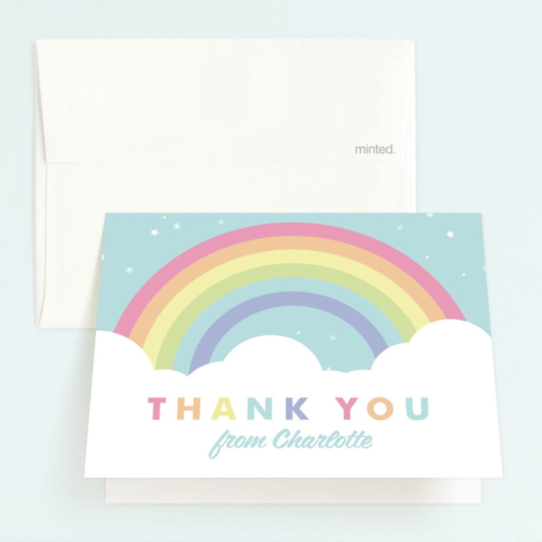 "Pastel Rainbow Sparkles" - Children's Birthday Party Thank You Cards in Mint by Maria Alou - Front