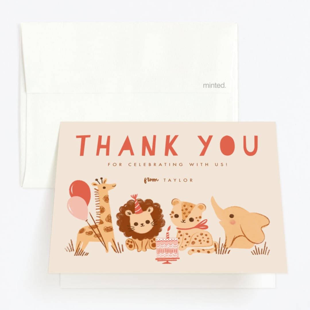 "It's a party" - Children's Birthday Party Thank You Cards in Poppy by Vivian Yiwing - Front
