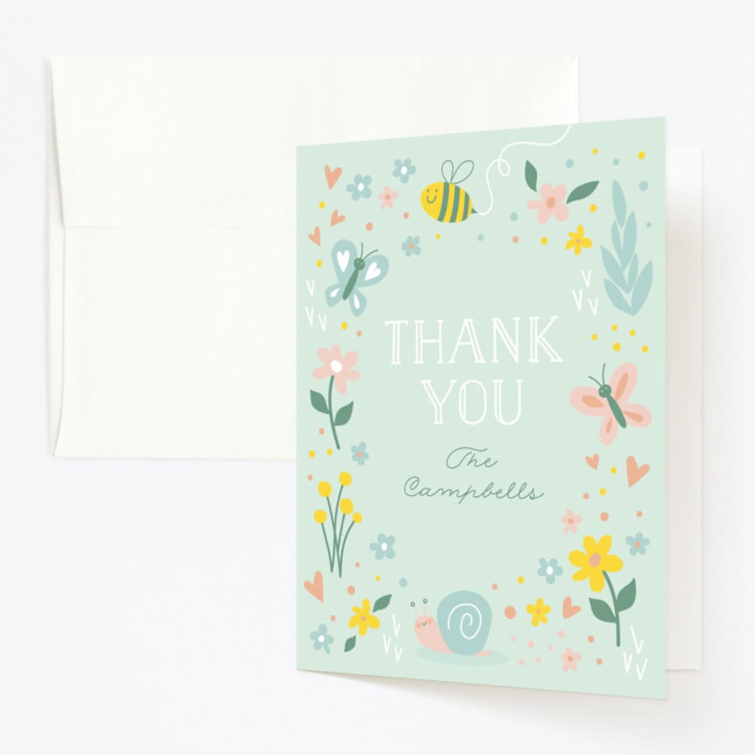 "In The Garden" - Children's Birthday Party Thank You Cards in Sky by Susan Asbill - Front