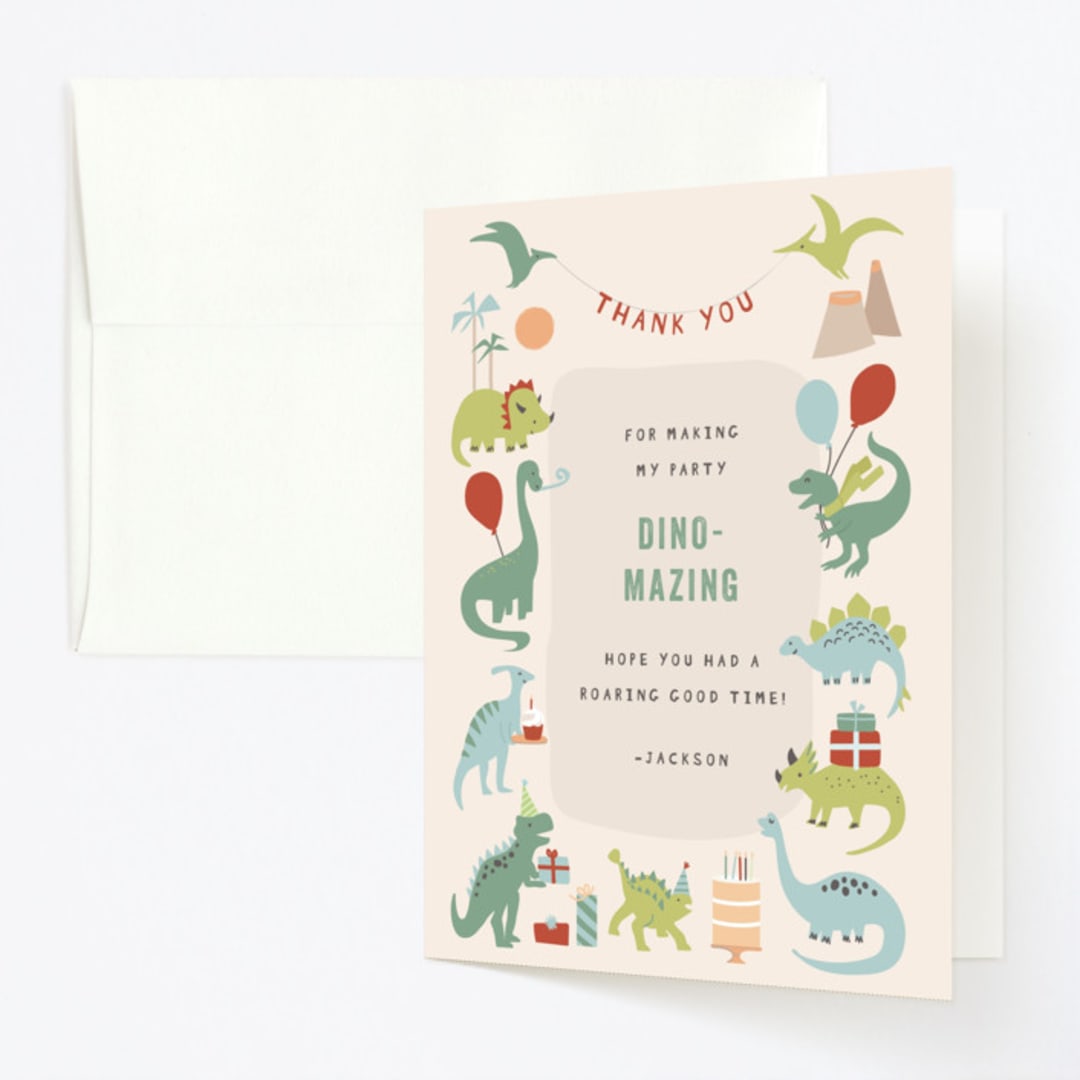 "Dino Party" - Children's Birthday Party Thank You Cards in Sand by Teju Reval - Front