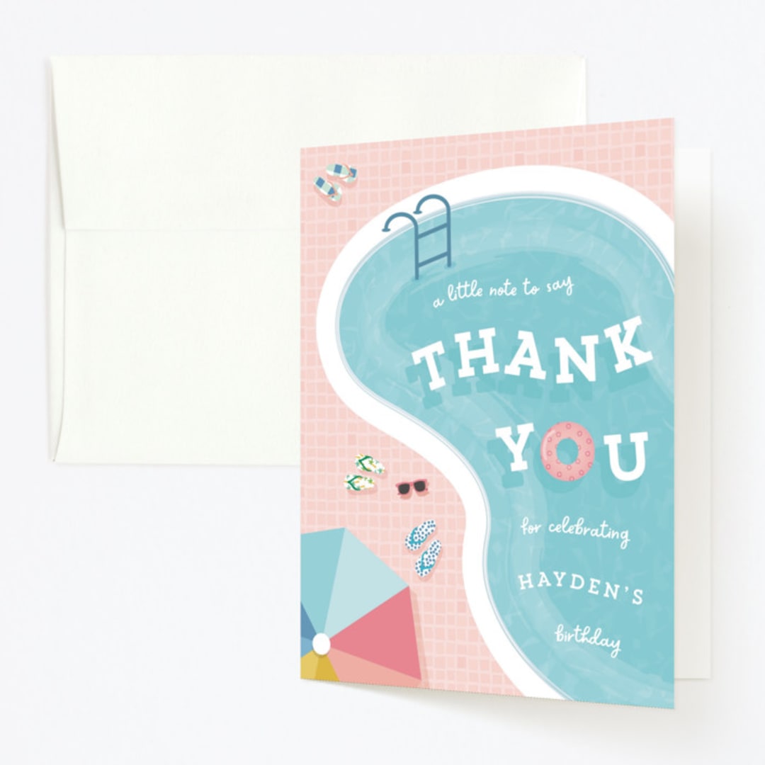 "Cool Pool Party" - Children's Birthday Party Thank You Cards in Coral by Lisa McLean - Front