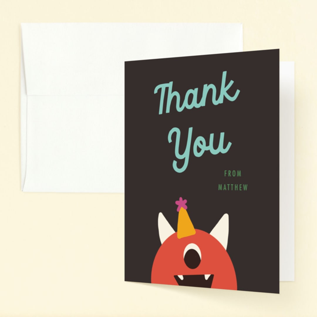 "Monsters" - Children's Birthday Party Thank You Cards in Midnight by Morgan Kendall - Front
