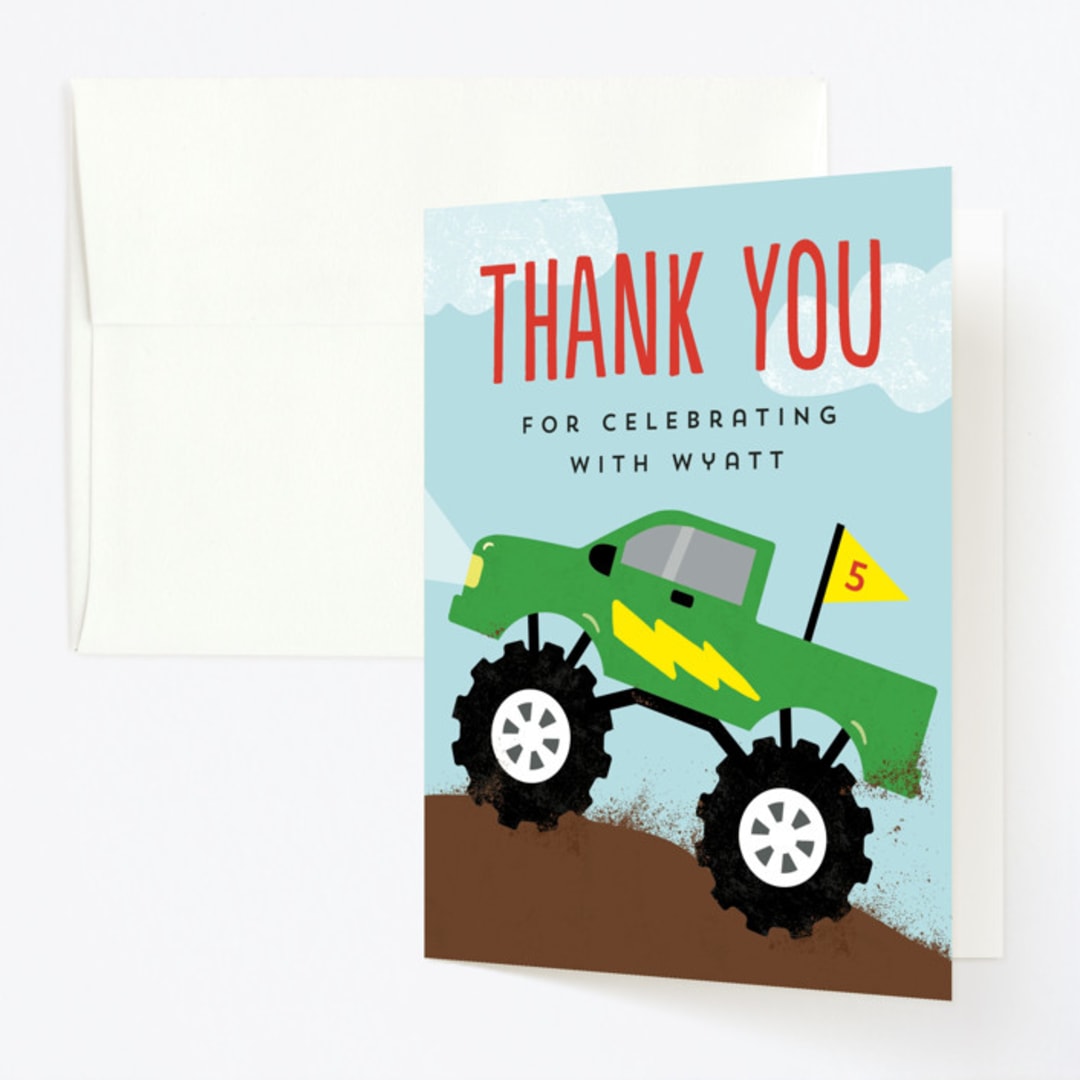 "Monster Truck" - Children's Birthday Party Thank You Cards in Lime by Erica Krystek - Front