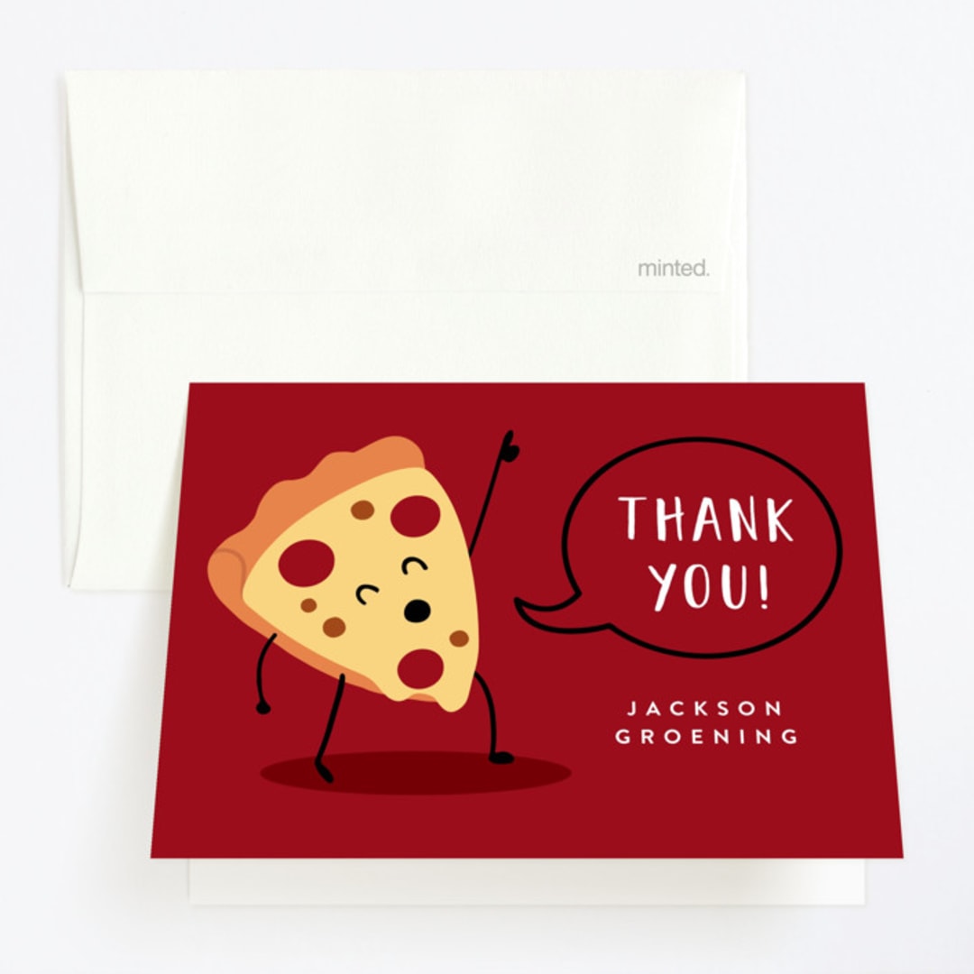 "It's A Pizza Party" - Children's Birthday Party Thank You Cards in Tomato by Katie Zimpel - Front