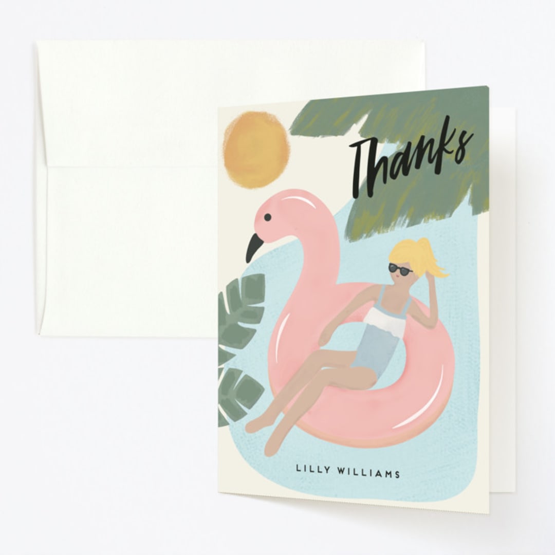 "splash flamingo" - Children's Birthday Party Thank You Cards in Powder Blue by Faith Dorn - Front