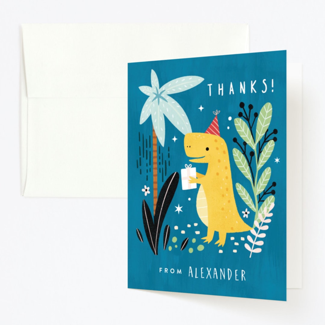 "Three-Rex" - Children's Birthday Party Thank You Cards in Jungle by Cindy Chu - Front