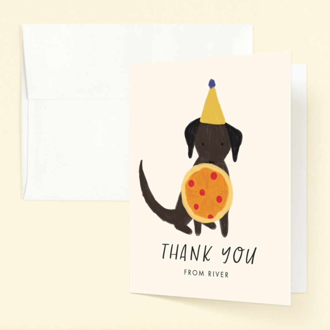 "Puppy Pizza Party" - Children's Birthday Party Thank You Cards in Cobblestone by Stephanie Given - Front